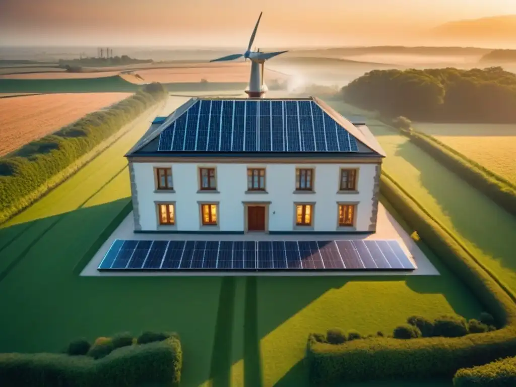 Edificio histórico con energía renovable: armonía del pasado y futuro Edificio histórico con detalles arquitectónicos y energías renovables integradas de forma efectiva, mostrando la armonía entre pasado y futuro