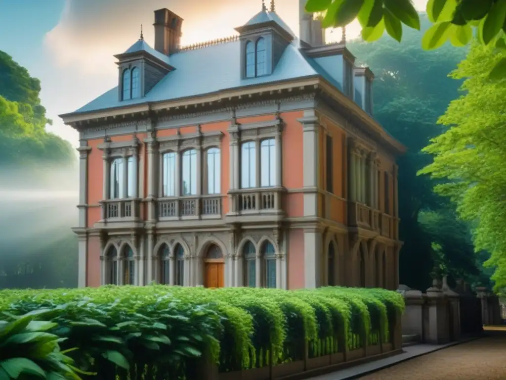 Arquitectura histórica: detalle y naturaleza en perfecta armonía Edificio histórico con detalles arquitectónicos, rodeado de vegetación