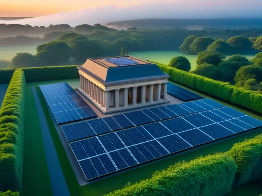 Edificio histórico con energía renovable: tradición e innovación Edificio histórico con energías renovables simbolizando políticas conservación edificios cambio climático