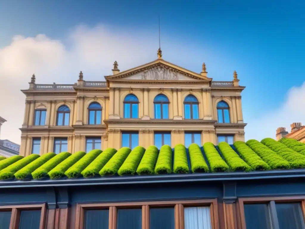 Restauración eco-sostenible de edificio histórico con tecnologías verdes Renovación de edificio histórico con materiales sostenibles bajo cielo azul, integrando tecnologías verdes