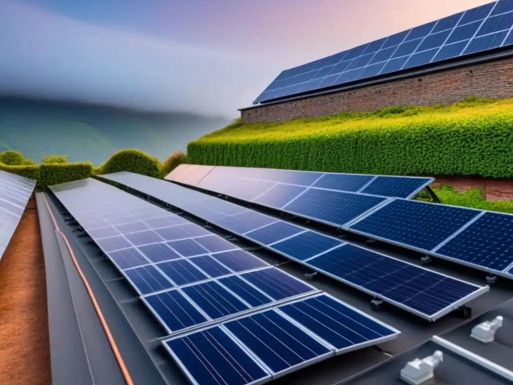 Arquitectura histórica con paneles solares integrados Edificio histórico con paneles solares integrados, combinando arquitectura tradicional con tecnología moderna