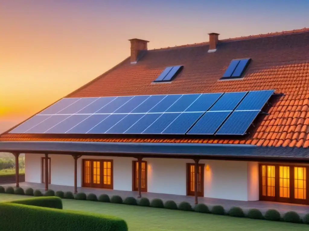 Edificio histórico con paneles solares: fusión arquitectónica sostenible Edificio histórico con paneles solares integrados, reflejando la domótica para conservación energética histórica al atardecer