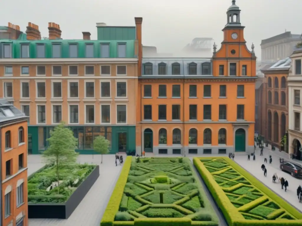 Edificio histórico con arquitectura moderna y jardín verde en la ciudad Edificio histórico renovado con arquitectura antigua y moderna en armonía, conservación edificios antiguos uso mixto