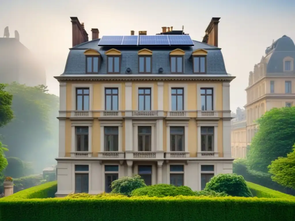 Edificio histórico renovado con diseño sostenible en una ciudad vibrante Edificio histórico renovado con diseño moderno, rodeado de vegetación y ciudad, ilustrando incentivos fiscales rehabilitación viviendas