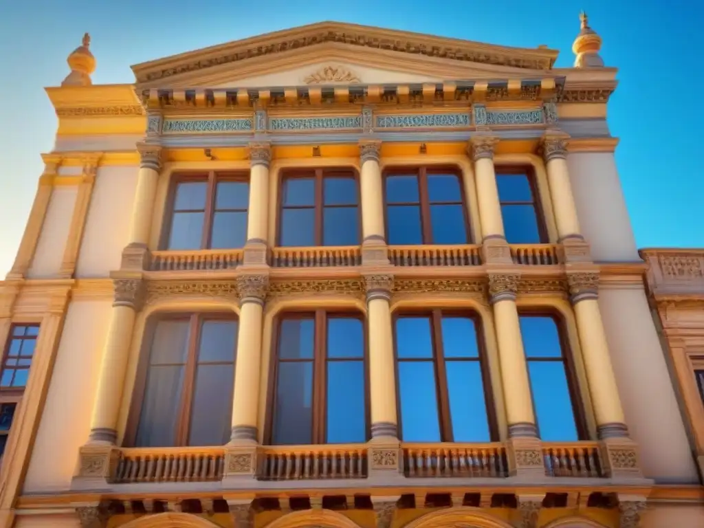 Fachada histórica restaurada: detalle 8k y colores vibrantes Edificio histórico restaurado con detalle, colores vibrantes y sombras bajo el sol