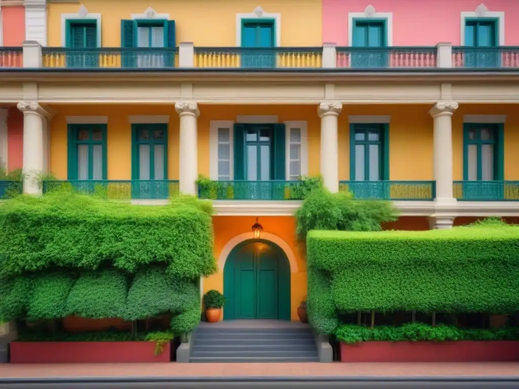 Edificio histórico restaurado en el centro de la ciudad: detalle y color Edificio histórico restaurado con detalles arquitectónicos, colores vibrantes y vegetación exuberante en el centro de la ciudad