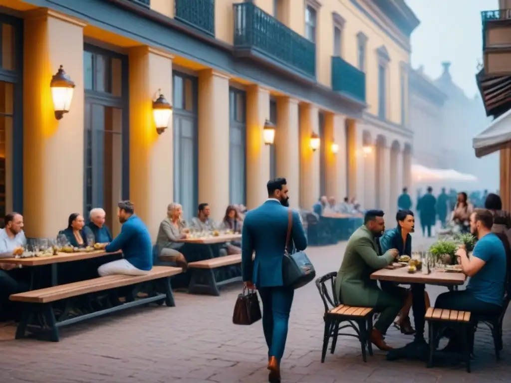 Edificio histórico restaurado: vibrante comunidad y estilo moderno Edificio histórico restaurado rodeado de animados cafés al aire libre, reflejando impacto de Subvenciones para restauración inmobiliaria