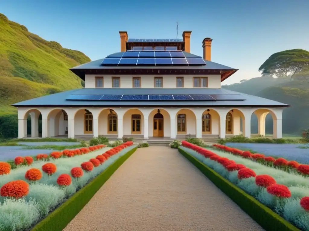 Edificio histórico restaurado con tecnologías sostenibles, rodeado de naturaleza exuberante