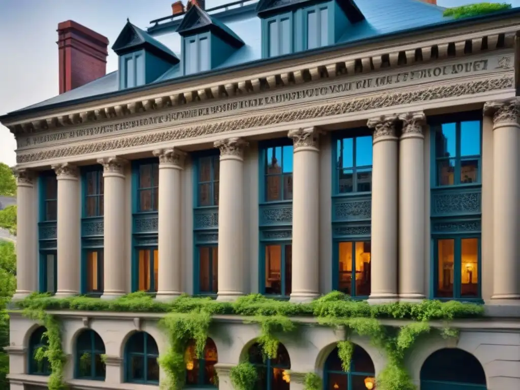 Restauración arquitectónica: fusión de tradición y modernidad Edificio histórico restaurado con toques modernos y naturaleza, representando el financiamiento mixto restauración inmobiliaria