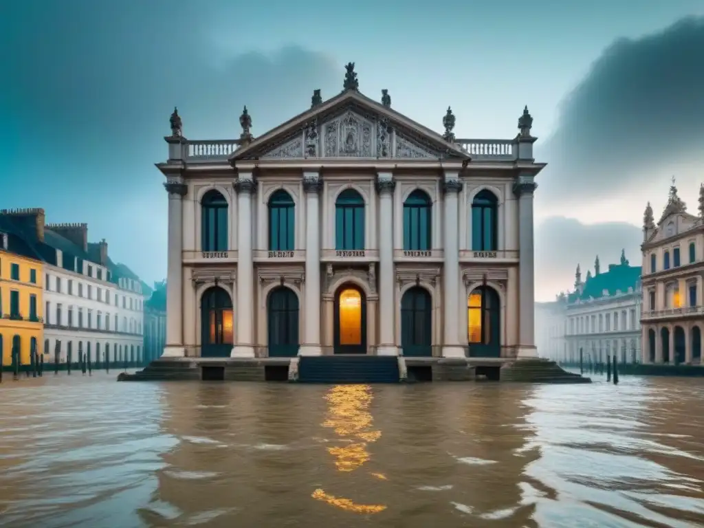 Devastador impacto del cambio climático en edificio histórico Edificio histórico rodeado de aguas, reflejando su fachada y escombros flotando