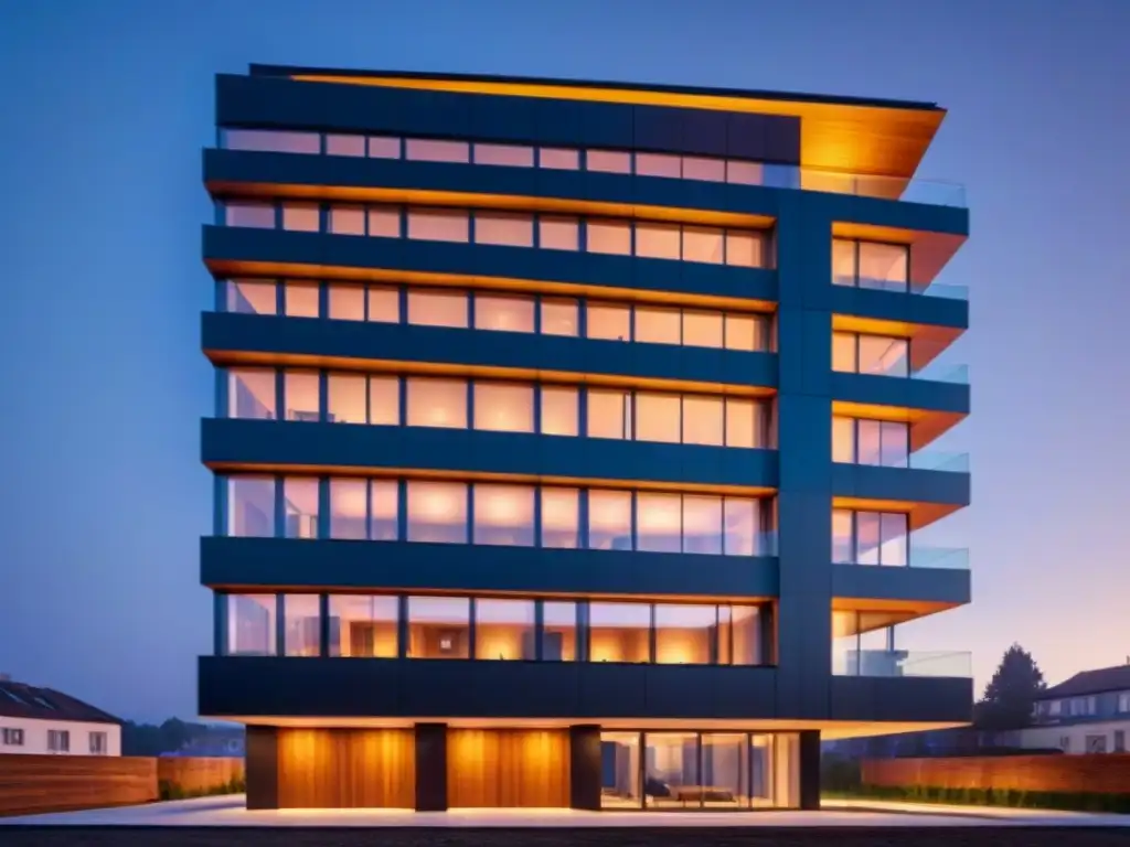 Arquitectura moderna iluminada con LED: diseño eficiente y sostenible Edificio iluminado eficientemente con LEDs en construcción sostenible
