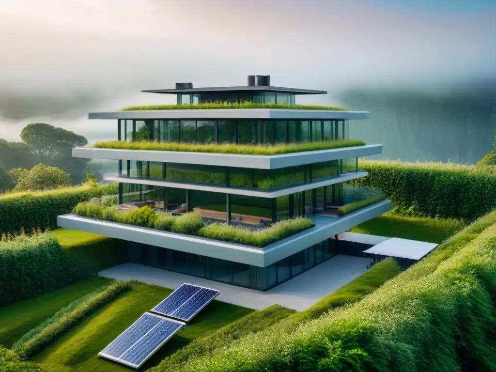 Edificio inteligente: tecnología y naturaleza en armonía Edificio inteligente con tecnología sustentable y diseño futurista integrado con la naturaleza