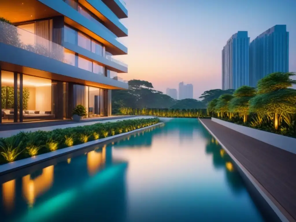Edificio de lujo en entorno natural y moderno Edificio de lujo con diseño arquitectónico moderno rodeado de vegetación exuberante y agua brillante al atardecer