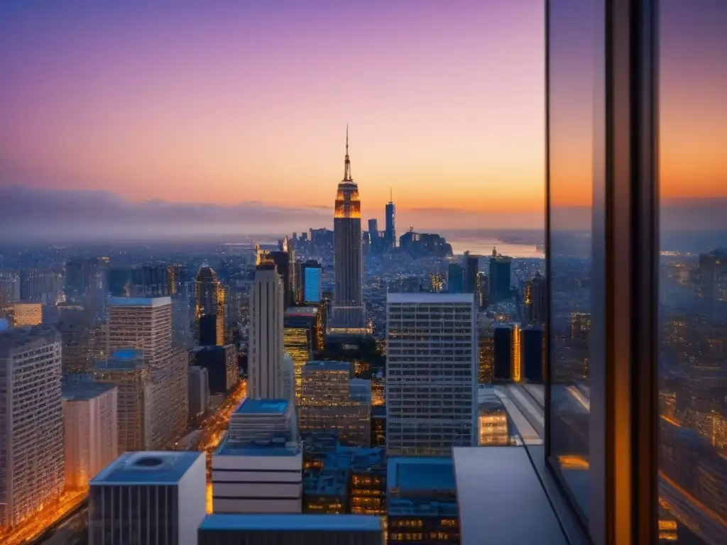 Rascacielos de lujo: arquitectura moderna en la ciudad al atardecer Edificio de lujo en la ciudad al atardecer, reflejando el skyline urbano