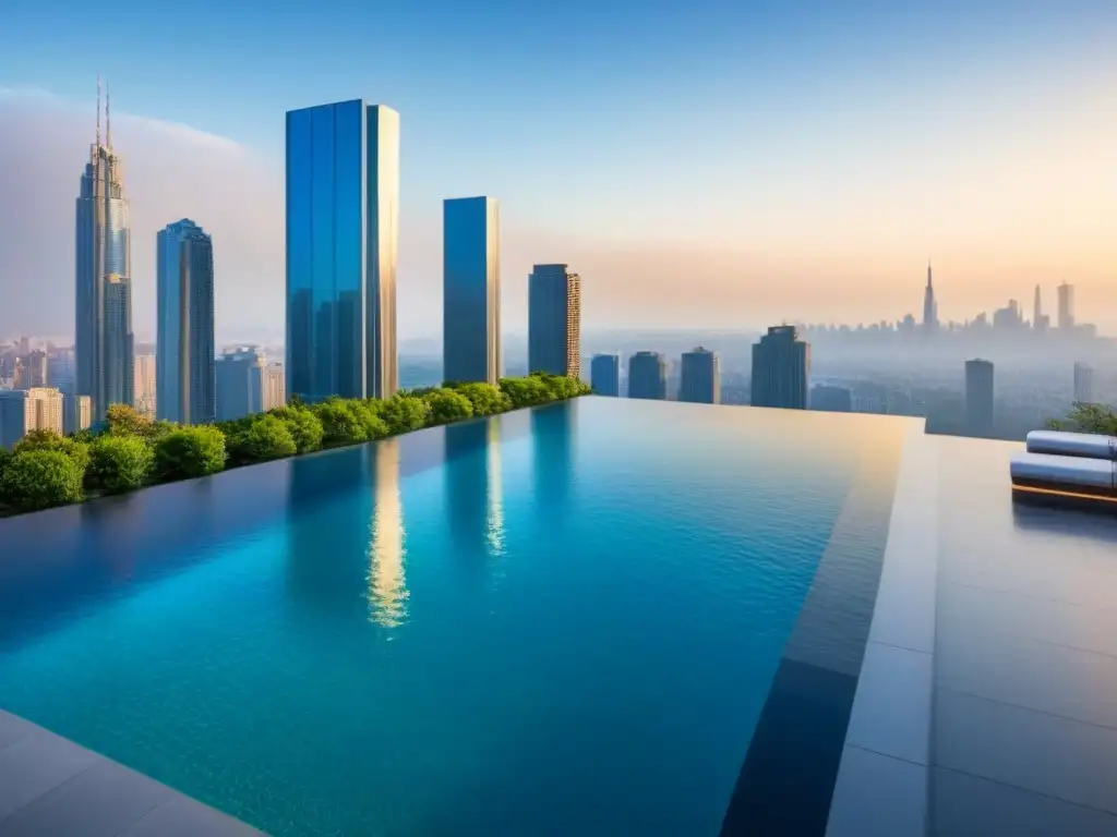 Rascacielos de lujo con piscina infinita en la azotea y vistas urbanas al atardecer Edificio de lujo con diseño moderno y tecnología emergente, piscina infinita en la azotea con vista a la ciudad