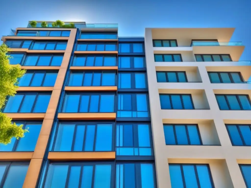 Condominio de lujo: arquitectura elegante y exclusiva Edificio de lujo con diseño moderno y exclusivo, rodeado de vegetación, bajo un cielo azul