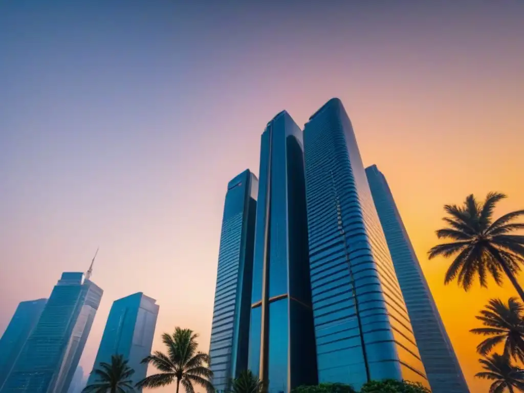 Rascacielos de lujo en mercado emergente al atardecer Un edificio de lujo en mercados emergentes con un atardecer dorado reflejando opulencia y éxito