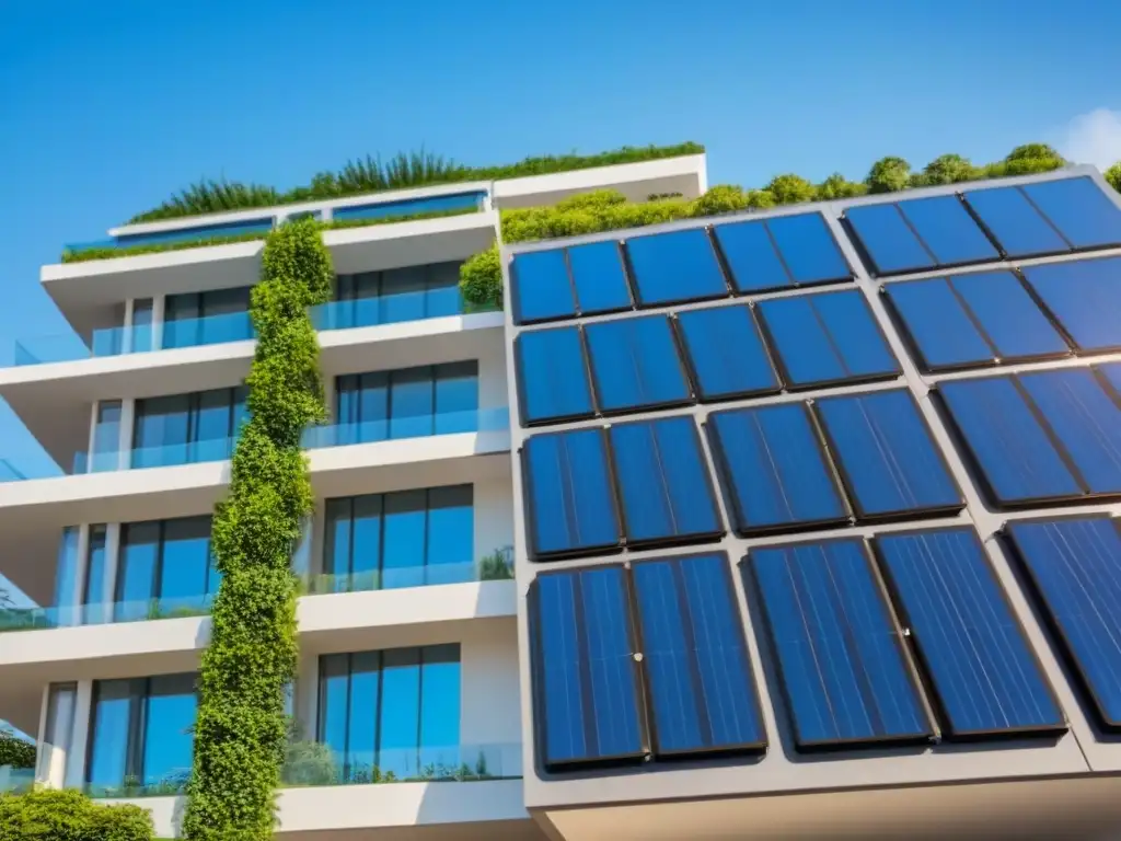 Edificio eco-friendly con paneles solares en el techo Un edificio de lujo moderno con paneles solares en el techo, rodeado de vegetación y paisajismo contemporáneo