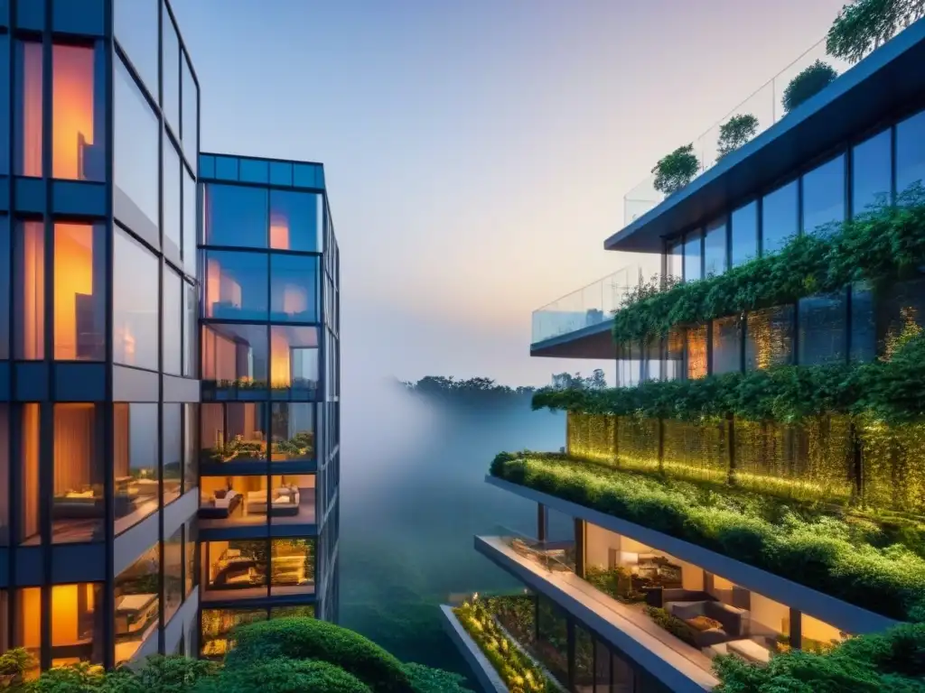 Edificio de lujo sostenible en armonía con la ciudad y la naturaleza Edificio de lujo moderno con paredes de cristal reflejando una ciudad vibrante al anochecer, rodeado de vegetación sostenible