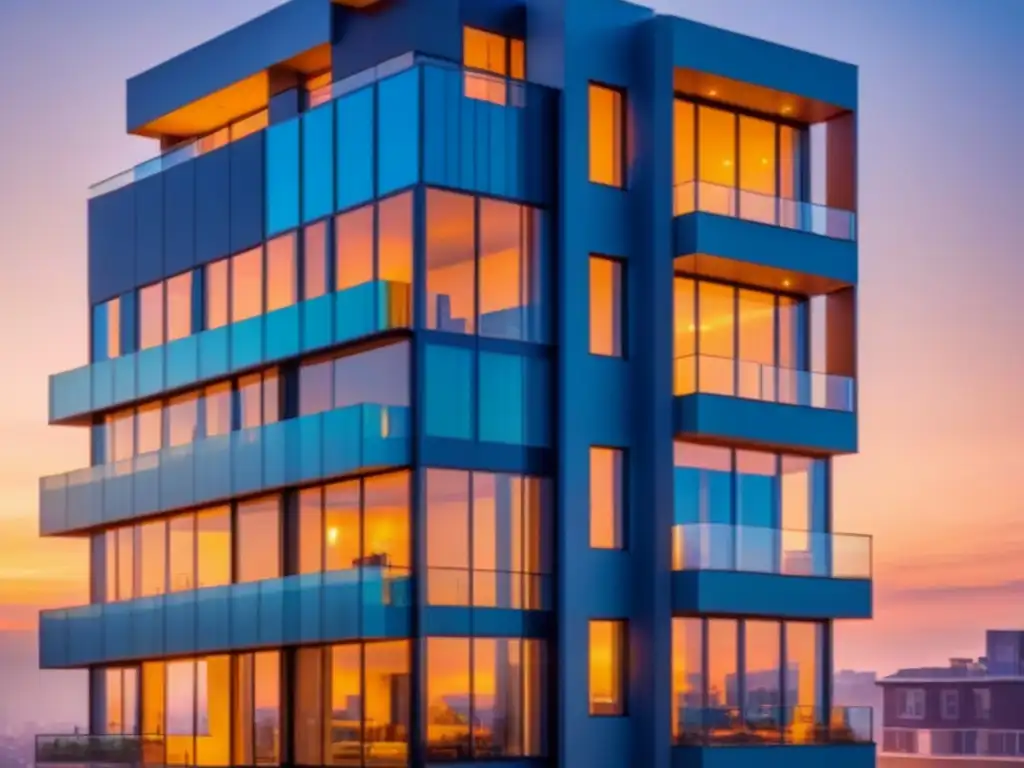 Condominio de lujo al atardecer: elegancia contemporánea en la ciudad Edificio de lujo moderno al anochecer con ventanales y atardecer, reflejando luces urbanas