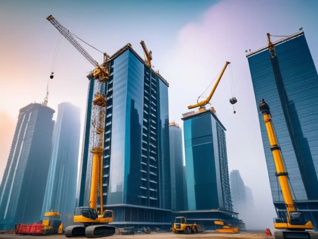 Inversión en preconstrucción: lujo y modernidad en un rascacielos futurista Edificio de lujo en preconstrucción rodeado de grúas y equipamiento, simbolizando las ventajas de invertir en propiedades preconstrucción