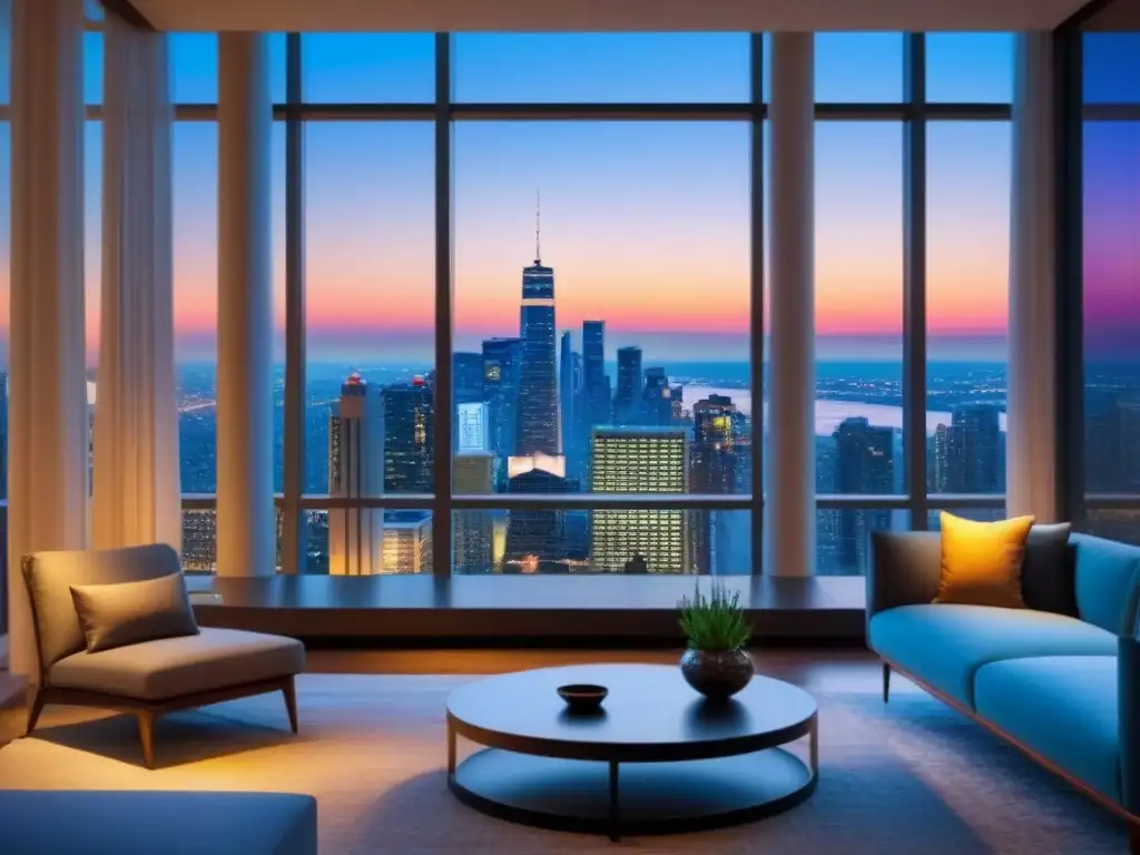 Rascacielos de lujo en metrópolis al anochecer Edificio de lujo con ventanales y vista a la ciudad al atardecer, ideal para inversores en opciones financiamiento inmobiliario