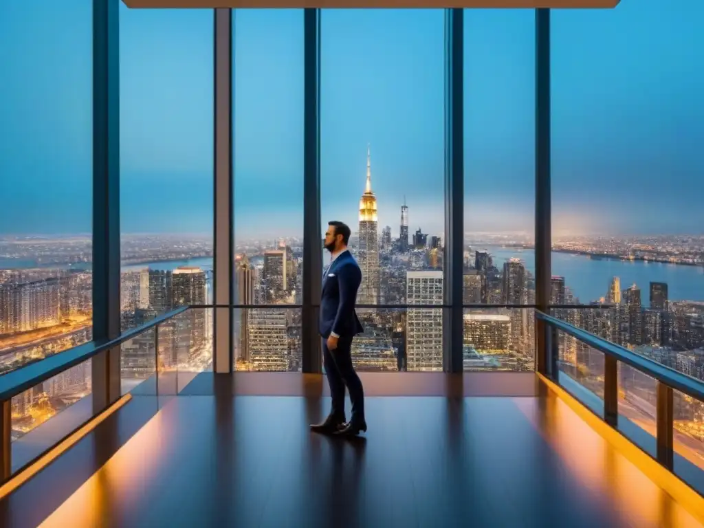 Edificio de lujo en la ciudad: modernidad y elegancia nocturna Edificio de lujo con ventanas de piso a techo reflejando una ciudad vibrante de noche, destacando la inversión en mercado inmobiliario urbano