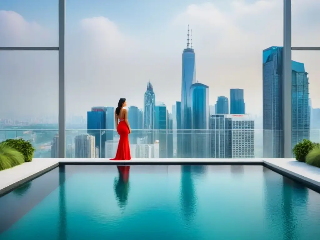Rascacielos de lujo con vistas panorámicas a la ciudad Edificio de lujo con vistas a la ciudad, jardines en la azotea y piscina infinita