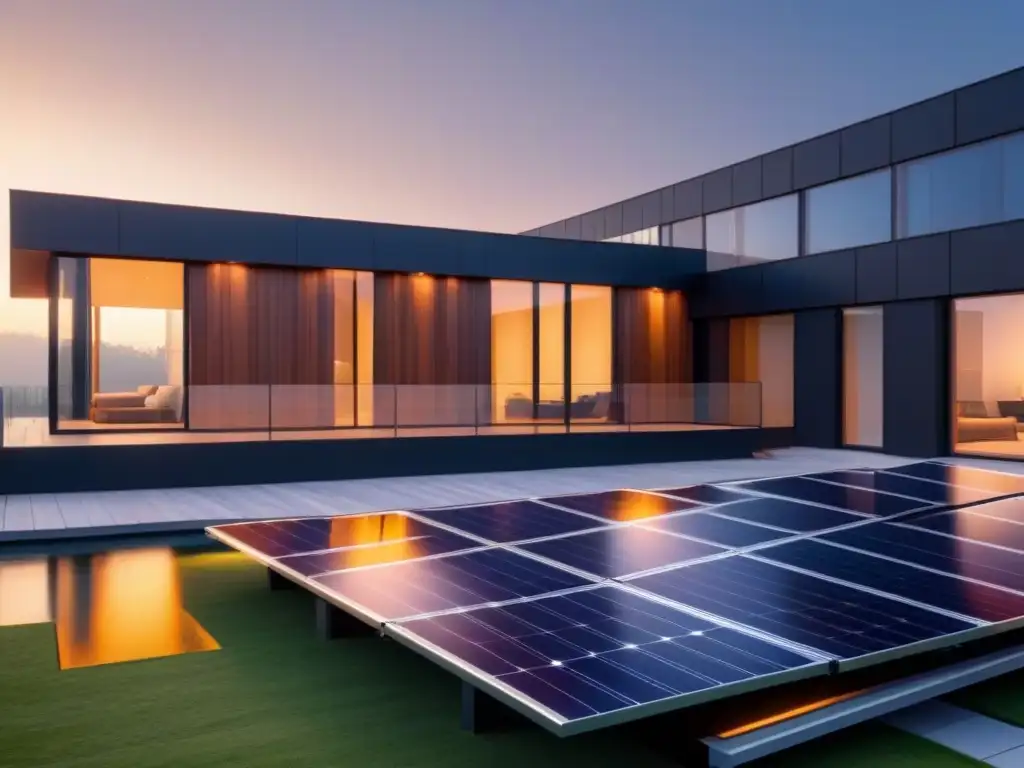 Arquitectura ultramoderna con paneles solares integrados Edificio minimalista con paneles solares integrados, reflejando la luz solar