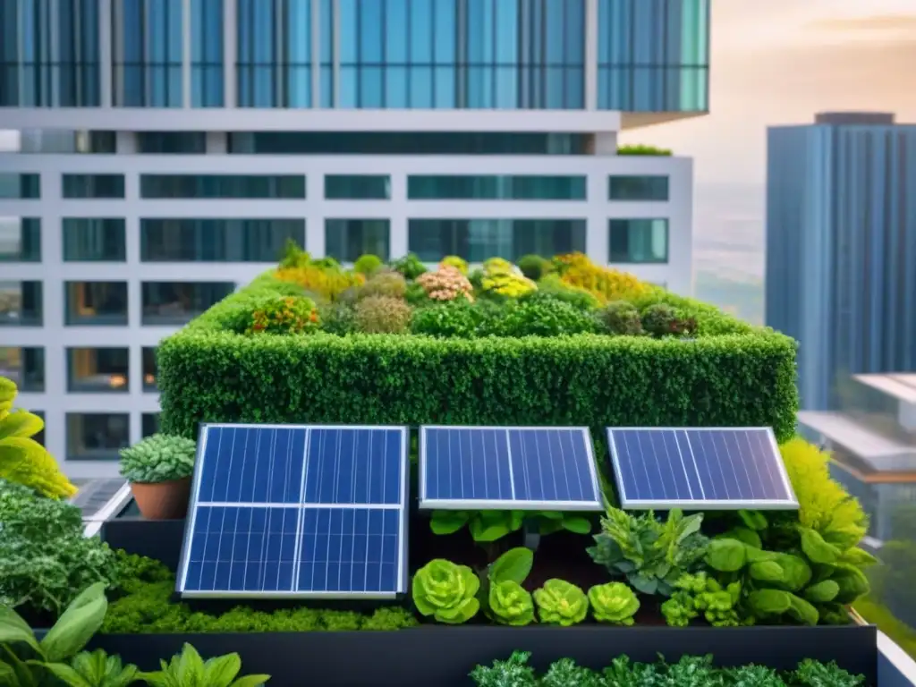 Edificio moderno de lujo con jardín verde en la azotea y paneles solares Edificio moderno de alta gama con certificaciones verdes en proyectos inmobiliarios