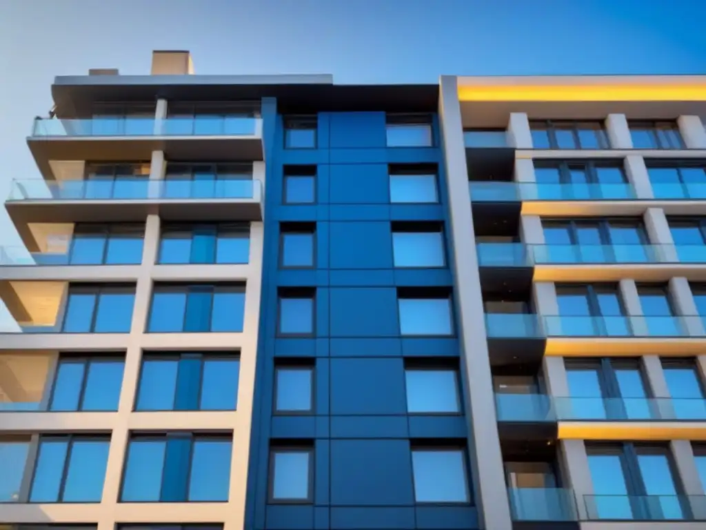 Edificio moderno con tecnología de seguridad avanzada Edificio moderno con alta seguridad para alquiler corto plazo: cámaras, sensores y cerraduras inteligentes en un cielo azul claro