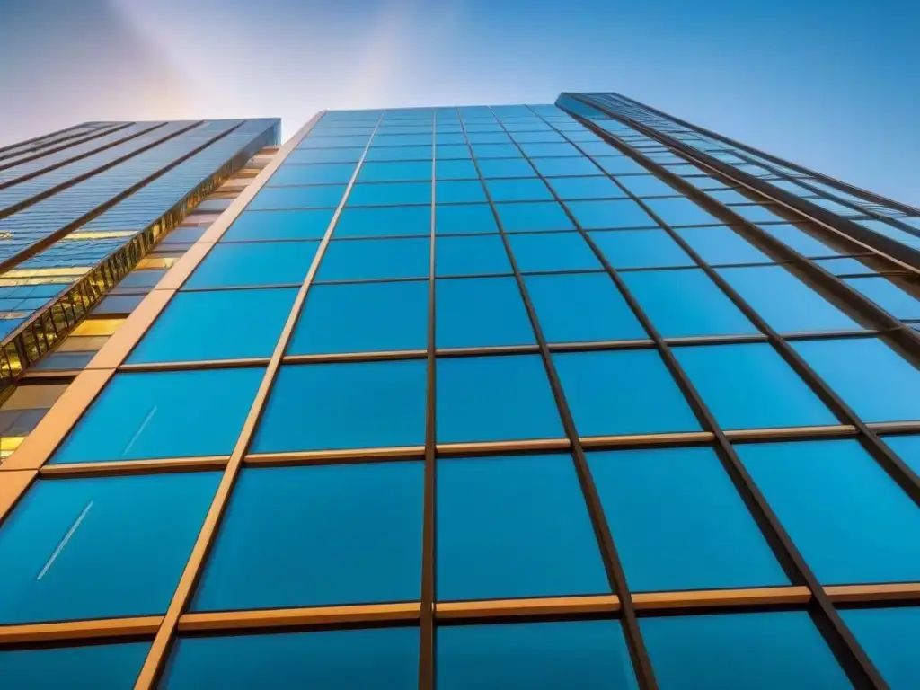 Oficina moderna en ciudad: reflejos de cristal en paisaje urbano vibrante Edificio moderno con amplios ventanales de vidrio reflejando la ciudad, bajo un cielo azul
