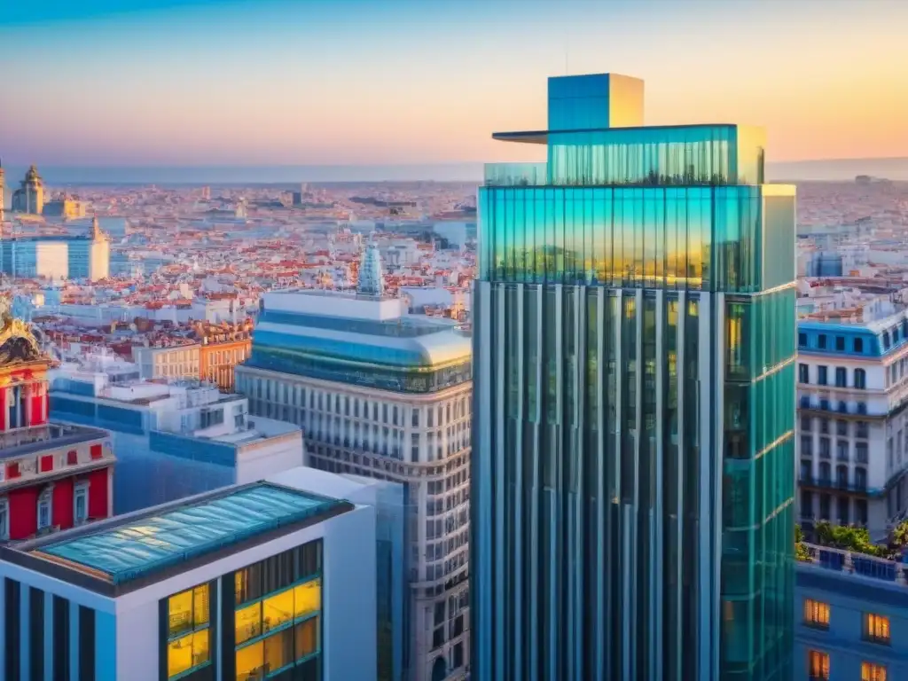 Rascacielos moderno en Madrid con diseño arquitectónico elegante Edificio moderno en el corazón de Madrid con diseño arquitectónico elegante y vistas a la ciudad