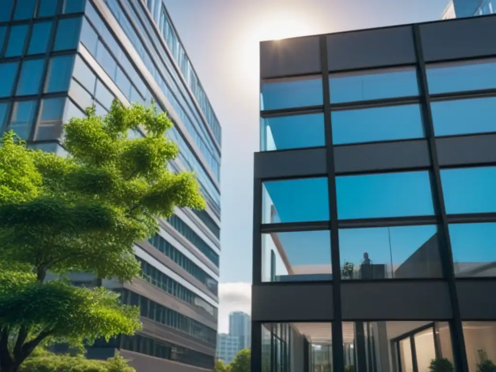 Edificio de oficinas moderno y elegante: innovación y éxito inmobiliario Edificio moderno con diseño arquitectónico llamativo y fusión de vidrio, acero y vegetación
