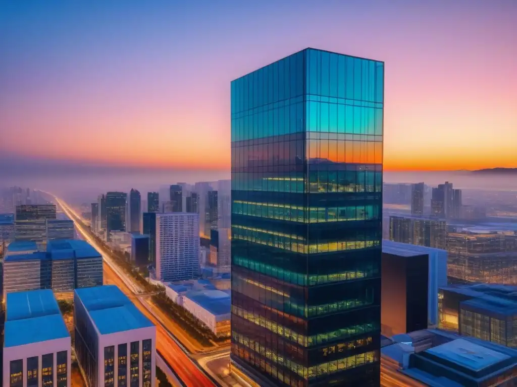 Edificio moderno al atardecer: símbolo de innovación en bienes raíces Edificio moderno en atardecer, con reflejo del cielo en ventanas de cristal