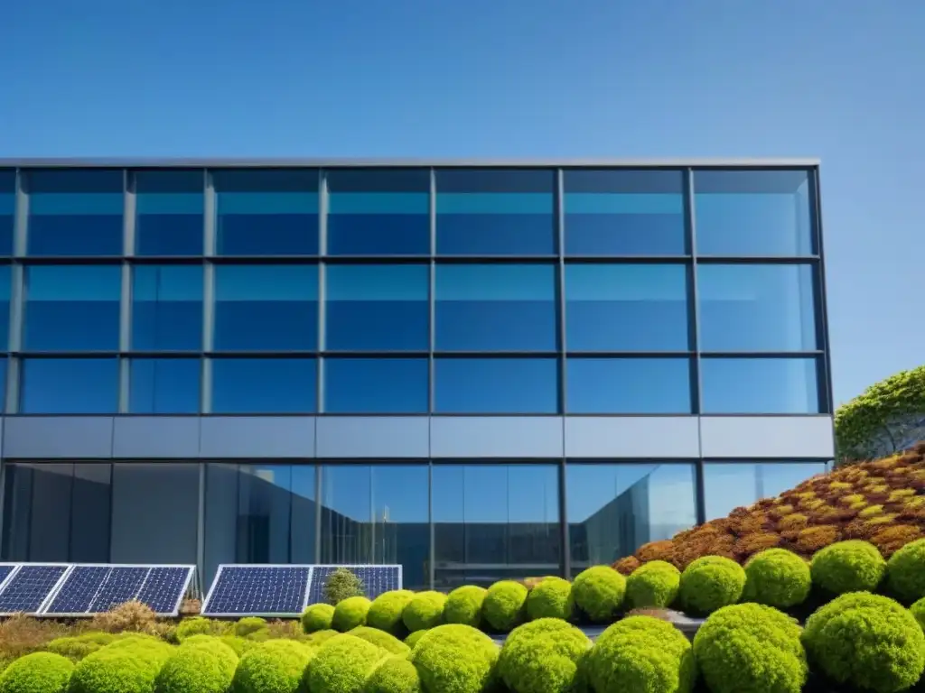 Edificio sostenible: innovación y naturaleza en la ciudad Edificio moderno con jardín en la azotea y paneles solares, reflejando un cielo azul
