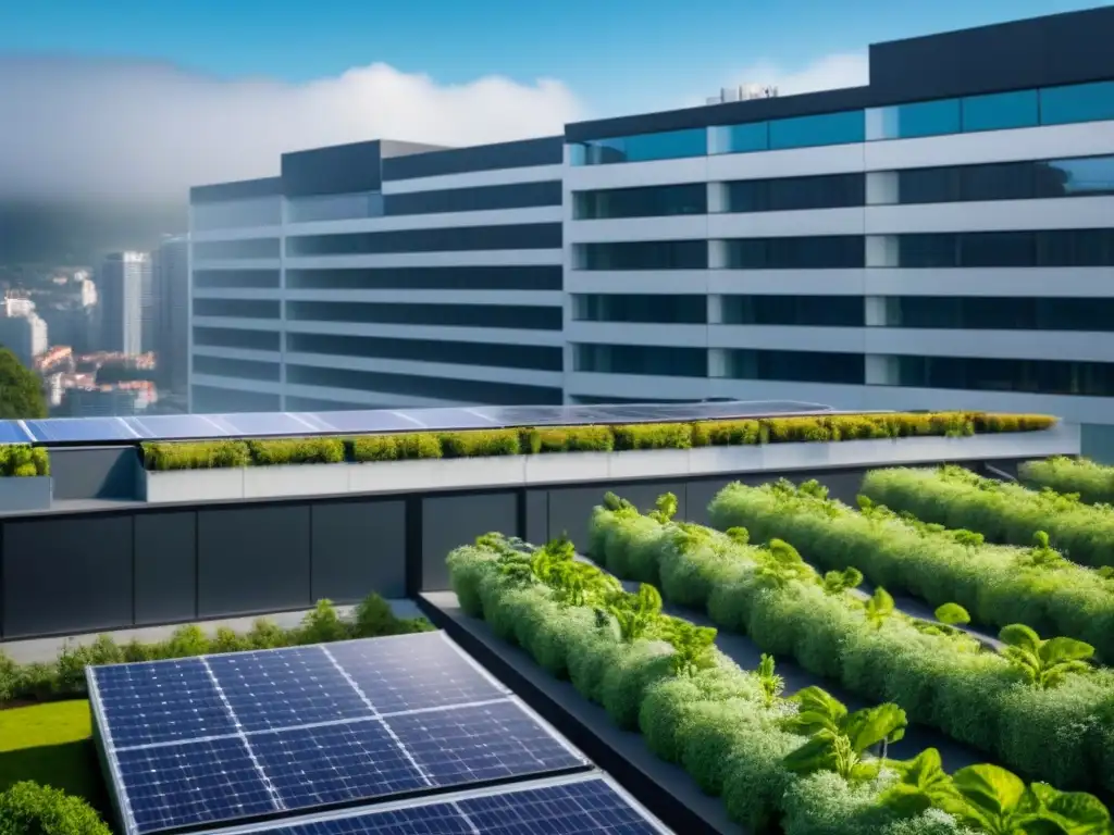 Edificio moderno con jardín verde y paneles solares Edificio moderno con jardín en la azotea, paneles solares y certificaciones verdes para inversores inmobiliarios