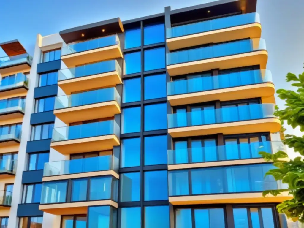 Edificio de lujo con balcones y terraza en alquiler vacacional Edificio moderno con balcones, vegetación exuberante y cielo azul