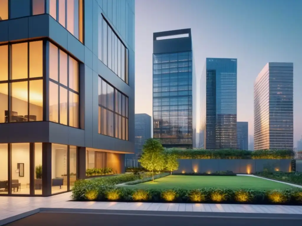 Edificio moderno en ciudad vibrante al atardecer Edificio moderno con beneficios fiscales para promotores inmobiliarios en ciudad vibrante