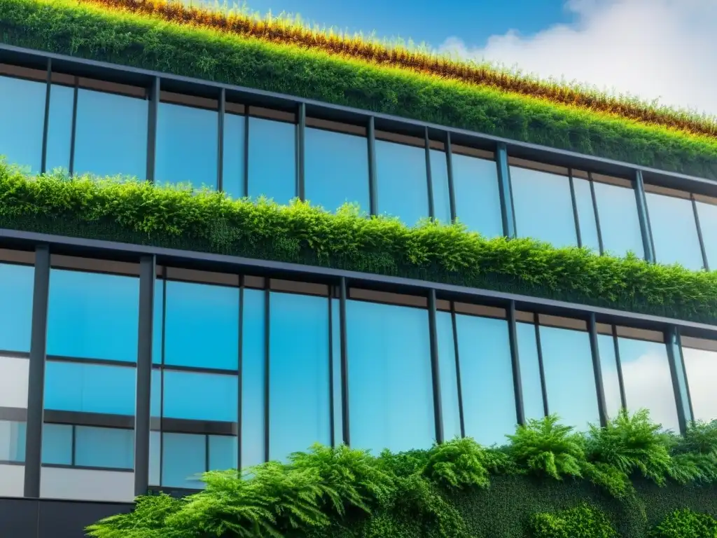 Edificio sostenible: diseño moderno con paneles solares y muro verde Edificio moderno con certificaciones ambientales, grandes ventanales y muro verde, simbolizando prácticas sostenibles