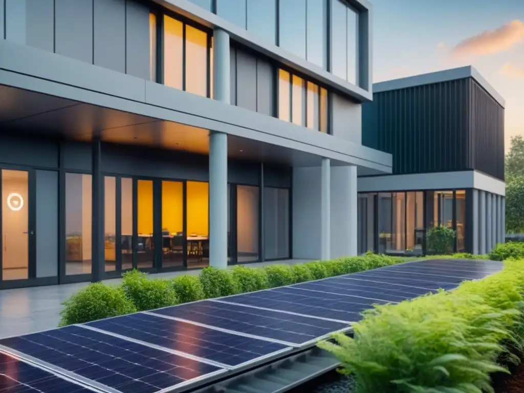 Edificio moderno con Certificaciones LEED en inmobiliaria, rodeado de naturaleza y profesionales colaborativos