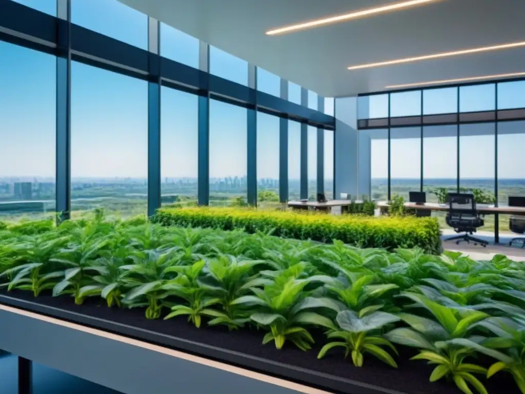 Edificio moderno con jardín verde y paneles solares Edificio moderno con certificaciones verdes, jardín en la azotea y paneles solares, integrado con la naturaleza