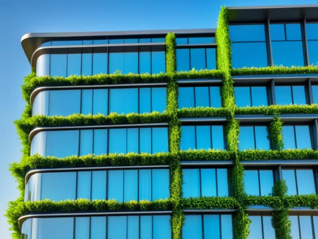 Edificio moderno sostenible con vegetación exuberante Edificio moderno con certificaciones verdes para inversores inmobiliarios, rodeado de vegetación, paneles solares y ventanas energéticas