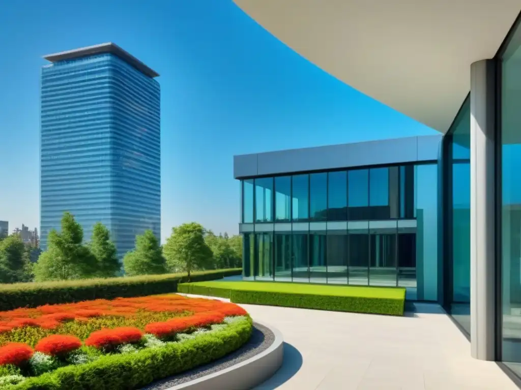Edificio moderno con jardín exuberante: imagen 8k Un edificio moderno con jardín, reflejando el cielo azul en ventanas de piso a techo