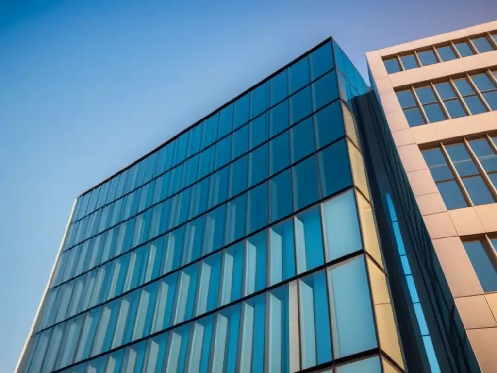 Edificio moderno: reflejo de éxito y crecimiento en la ciudad 'Edificio moderno reflejando la ciudad, simbolizando éxito en la industria inmobiliaria