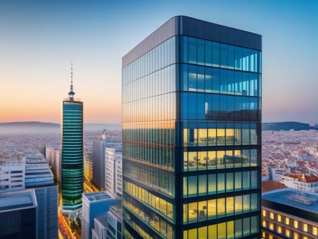 Edificio de oficinas moderno en Madrid: símbolo de éxito inmobiliario Edificio moderno en Madrid, reflejando la ciudad