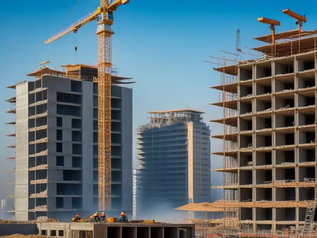 Construcción vanguardista en CDMX: crecimiento inmobiliario en México Edificio moderno en construcción en CDMX con trabajadores y grúas, mostrando el proceso de desarrollo inmobiliario