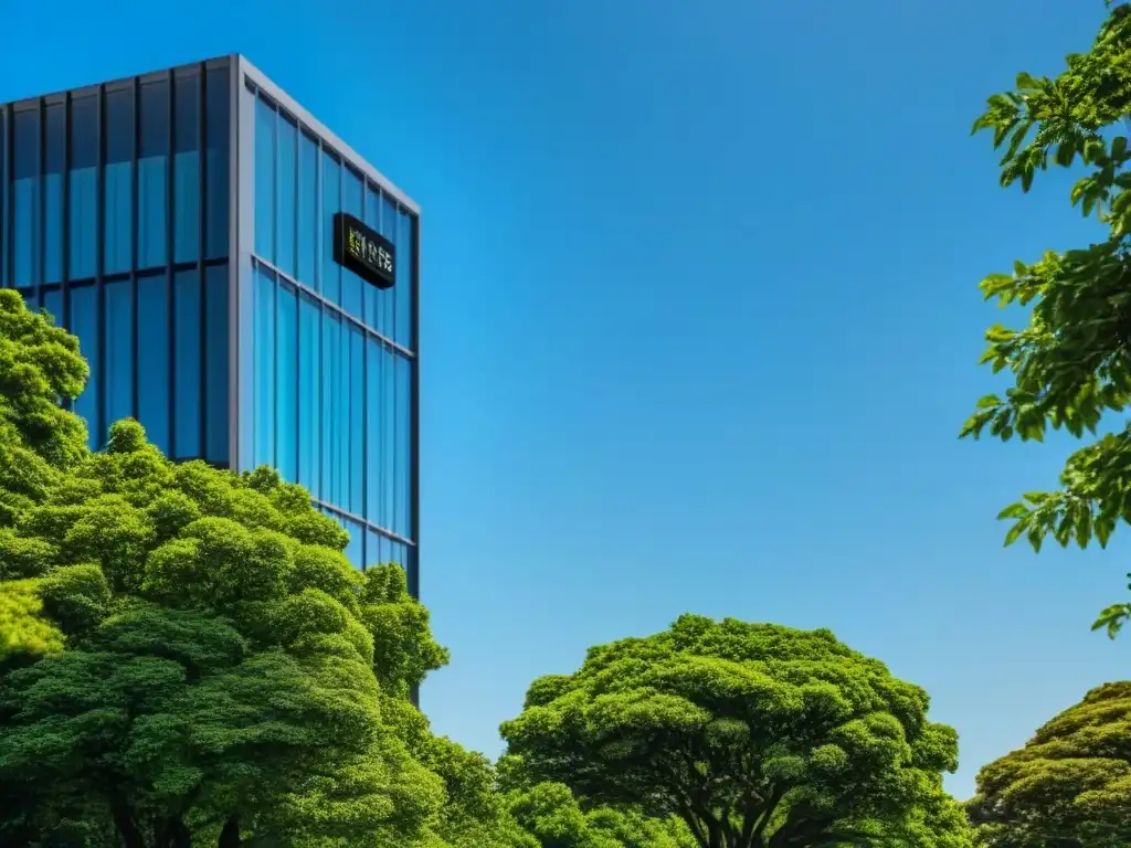 Edificio de oficinas moderno con reflejos de luz y sombra Edificio moderno con cristaleras reflejando el cielo azul, rodeado de árboles verdes y una ciudad bulliciosa