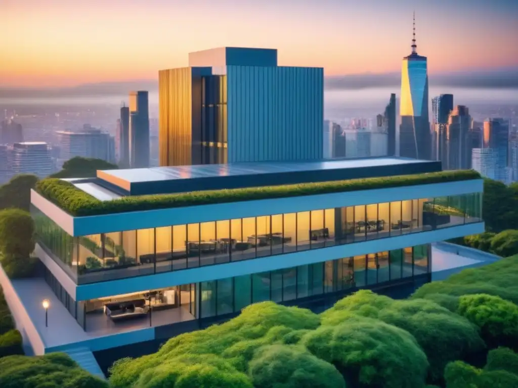 Edificio de oficinas moderno: éxito y profesionalismo al atardecer Edificio moderno con cristaleras reflejando la ciudad al atardecer, rodeado de vegetación, profesionales conversando