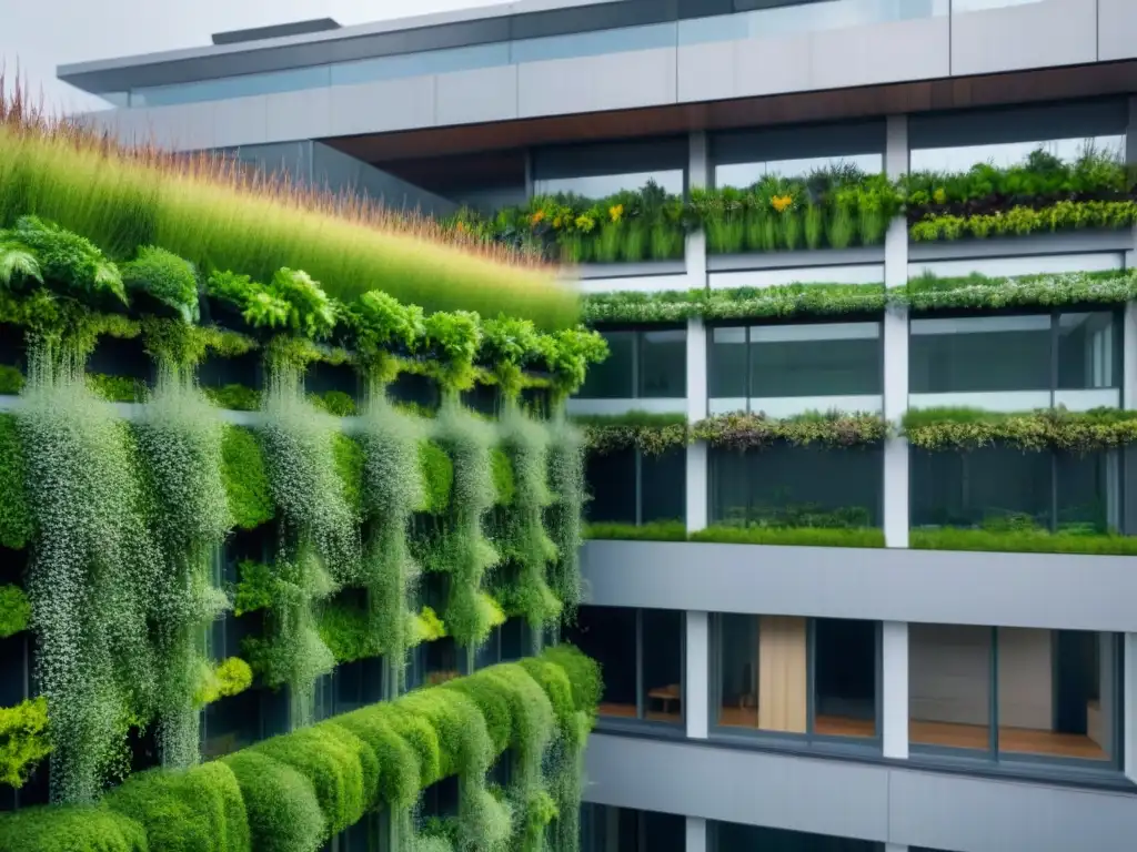 Edificio moderno cubierto de exuberante vegetación en 8k Un edificio moderno cubierto de exuberante vegetación, destacando los beneficios de techos verdes y muros vivos